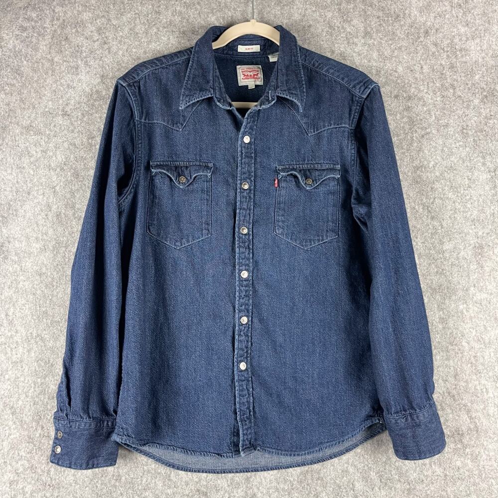 Levis Western Denim Shirt Mens Medium Blue Slim Fit Snap Button‎ Cowboy Rodeo